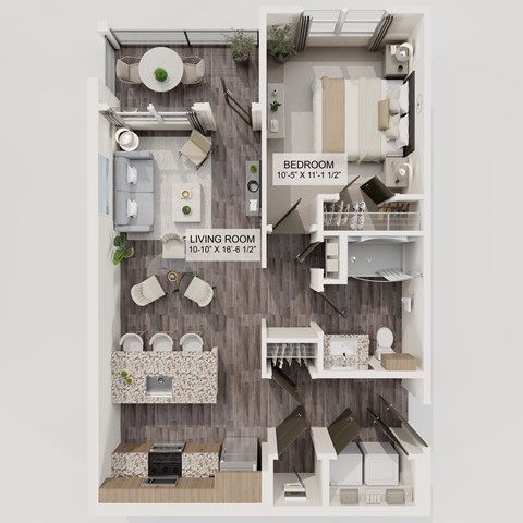 Floor plan for 1 bed, 1 bath, 689 sqft